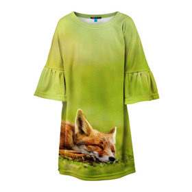 Детское платье 3D с принтом Лисичка спит в Екатеринбурге, 100% полиэстер | прямой силуэт, чуть расширенный к низу. Круглая горловина, на рукавах — воланы | Тематика изображения на принте: fox | животное | зверь | красивая | лес | лис | лиса | лисенок | лисица | лисичка | мех | патрикеевна | песец | плутовка | прикольная | природа | рыжая | рыжий цвет | сказка | хвост | хитрая | хищник
