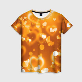 Женская футболка 3D с принтом Сердечки в золоте в Екатеринбурге, 100% полиэфир ( синтетическое хлопкоподобное полотно) | прямой крой, круглый вырез горловины, длина до линии бедер | желтый | золотое | сердечки | яркий