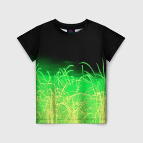 Детская футболка 3D с принтом Зеленые искры в Екатеринбурге, 100% гипоаллергенный полиэфир | прямой крой, круглый вырез горловины, длина до линии бедер, чуть спущенное плечо, ткань немного тянется | Тематика изображения на принте: 3d | абстракция | брызги | зеленый | искры | линии | полосы | прикольные | салют | свет | узоры | яркие