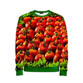 Детский свитшот 3D с принтом Томатик в Екатеринбурге, 100% полиэстер | свободная посадка, прямой крой, мягкая тканевая резинка на рукавах и понизу свитшота | 3d | еда | зелень | красный | лето | много | овощи | пища | помидор | прикольные | томат | яркие