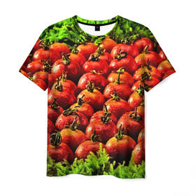 Мужская футболка 3D с принтом Томатик в Екатеринбурге, 100% полиэфир | прямой крой, круглый вырез горловины, длина до линии бедер | 3d | еда | зелень | красный | лето | много | овощи | пища | помидор | прикольные | томат | яркие