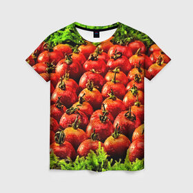 Женская футболка 3D с принтом Томатик в Екатеринбурге, 100% полиэфир ( синтетическое хлопкоподобное полотно) | прямой крой, круглый вырез горловины, длина до линии бедер | 3d | еда | зелень | красный | лето | много | овощи | пища | помидор | прикольные | томат | яркие
