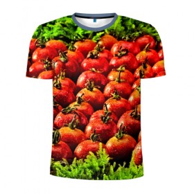 Мужская футболка 3D спортивная с принтом Томатик в Екатеринбурге, 100% полиэстер с улучшенными характеристиками | приталенный силуэт, круглая горловина, широкие плечи, сужается к линии бедра | 3d | еда | зелень | красный | лето | много | овощи | пища | помидор | прикольные | томат | яркие