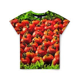 Детская футболка 3D с принтом Томатик в Екатеринбурге, 100% гипоаллергенный полиэфир | прямой крой, круглый вырез горловины, длина до линии бедер, чуть спущенное плечо, ткань немного тянется | 3d | еда | зелень | красный | лето | много | овощи | пища | помидор | прикольные | томат | яркие