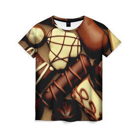 Женская футболка 3D с принтом Сладкие конфетки в Екатеринбурге, 100% полиэфир ( синтетическое хлопкоподобное полотно) | прямой крой, круглый вырез горловины, длина до линии бедер | 3d | десерт | еда | конфеты | много | пища | разные | сладкое | темный | фигуры | фон | форма | шоколад | яркие