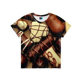 Детская футболка 3D с принтом Сладкие конфетки в Екатеринбурге, 100% гипоаллергенный полиэфир | прямой крой, круглый вырез горловины, длина до линии бедер, чуть спущенное плечо, ткань немного тянется | Тематика изображения на принте: 3d | десерт | еда | конфеты | много | пища | разные | сладкое | темный | фигуры | фон | форма | шоколад | яркие