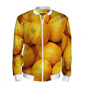 Мужской бомбер 3D с принтом Лимончики в Екатеринбурге, 100% полиэстер | застегивается на молнию, по бокам два кармана без застежек, по низу бомбера и на воротнике - эластичная резинка | Тематика изображения на принте: 3d | витамин | еда | желтый | лето | лимон | много | пища | прикольные | сочные | фрукты | цитрус | яркие