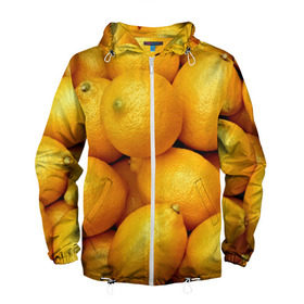 Мужская ветровка 3D с принтом Лимончики в Екатеринбурге, 100% полиэстер | подол и капюшон оформлены резинкой с фиксаторами, два кармана без застежек по бокам, один потайной карман на груди | Тематика изображения на принте: 3d | витамин | еда | желтый | лето | лимон | много | пища | прикольные | сочные | фрукты | цитрус | яркие