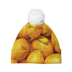 Шапка 3D c помпоном с принтом Лимончики в Екатеринбурге, 100% полиэстер | универсальный размер, печать по всей поверхности изделия | Тематика изображения на принте: 3d | витамин | еда | желтый | лето | лимон | много | пища | прикольные | сочные | фрукты | цитрус | яркие