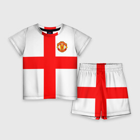 Детский костюм с шортами 3D с принтом Manchester united в Екатеринбурге,  |  | Тематика изображения на принте: 3d | 3д | fc | manchester united | mu | англия | британия | игра | канониры | красные дьяволы | лондон | манчестер | мю | флаг | флаг британии | футбол | эмблема