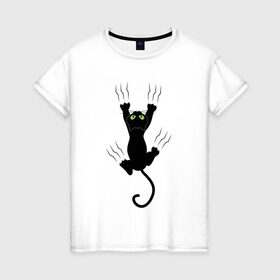 Женская футболка хлопок с принтом Кошка карабкается в Екатеринбурге, 100% хлопок | прямой крой, круглый вырез горловины, длина до линии бедер, слегка спущенное плечо | cat | арт | домашний питомец | когти | кот | кошка | прикольные | царапины