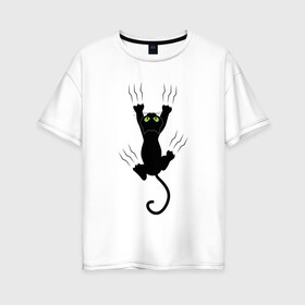 Женская футболка хлопок Oversize с принтом Кошка карабкается в Екатеринбурге, 100% хлопок | свободный крой, круглый ворот, спущенный рукав, длина до линии бедер
 | cat | арт | домашний питомец | когти | кот | кошка | прикольные | царапины
