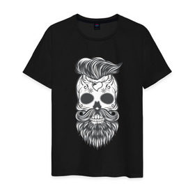 Мужская футболка хлопок с принтом Бородатый череп в Екатеринбурге, 100% хлопок | прямой крой, круглый вырез горловины, длина до линии бедер, слегка спущенное плечо. | арт | борода | мертвец | прикольные | скелет | усы | череп