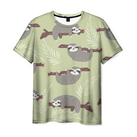 Мужская футболка 3D с принтом Ленивец в Екатеринбурге, 100% полиэфир | прямой крой, круглый вырез горловины, длина до линии бедер | арт | животные | ленивец | лень | прикольные | сон