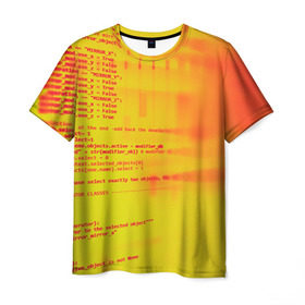 Мужская футболка 3D с принтом Компьютерный код в Екатеринбурге, 100% полиэфир | прямой крой, круглый вырез горловины, длина до линии бедер | желтый | кибер | код | оранжевый | прога