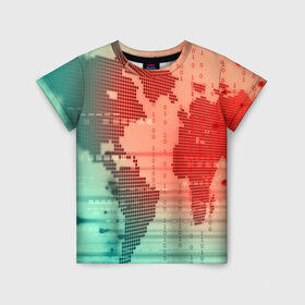 Детская футболка 3D с принтом Цифровой мир в Екатеринбурге, 100% гипоаллергенный полиэфир | прямой крой, круглый вырез горловины, длина до линии бедер, чуть спущенное плечо, ткань немного тянется | зеленый | карта | кибер | красный