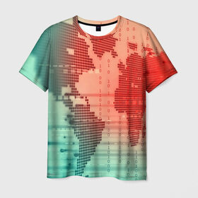 Мужская футболка 3D с принтом Цифровой мир в Екатеринбурге, 100% полиэфир | прямой крой, круглый вырез горловины, длина до линии бедер | зеленый | карта | кибер | красный