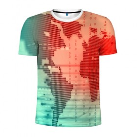 Мужская футболка 3D спортивная с принтом Цифровой мир в Екатеринбурге, 100% полиэстер с улучшенными характеристиками | приталенный силуэт, круглая горловина, широкие плечи, сужается к линии бедра | зеленый | карта | кибер | красный
