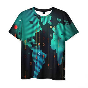 Мужская футболка 3D с принтом digital world в Екатеринбурге, 100% полиэфир | прямой крой, круглый вырез горловины, длина до линии бедер | бирюзовый | карта | кибер | черный