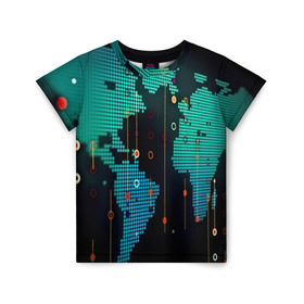 Детская футболка 3D с принтом digital world в Екатеринбурге, 100% гипоаллергенный полиэфир | прямой крой, круглый вырез горловины, длина до линии бедер, чуть спущенное плечо, ткань немного тянется | бирюзовый | карта | кибер | черный
