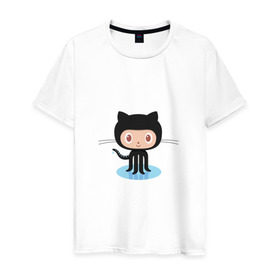 Мужская футболка хлопок с принтом github cat в Екатеринбурге, 100% хлопок | прямой крой, круглый вырез горловины, длина до линии бедер, слегка спущенное плечо. | cat | github