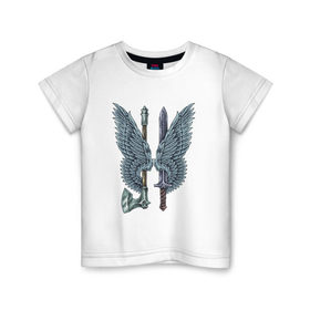 Детская футболка хлопок с принтом Оружие ангелов в Екатеринбурге, 100% хлопок | круглый вырез горловины, полуприлегающий силуэт, длина до линии бедер | Тематика изображения на принте: ангел | крылья | меч | топор