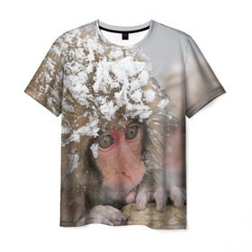 Мужская футболка 3D с принтом Обезьянка и зима в Екатеринбурге, 100% полиэфир | прямой крой, круглый вырез горловины, длина до линии бедер | бабуин | гамадрил | гиббон | горилла | гуманоид | дарвин | животное | зоопарк | кинг конг | мартышка | маугли | обезьяна | орангутанг | предок | примат | рожа | хомо сапиенс | шимпанзе