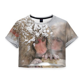 Женская футболка 3D укороченная с принтом Обезьянка и зима в Екатеринбурге, 100% полиэстер | круглая горловина, длина футболки до линии талии, рукава с отворотами | бабуин | гамадрил | гиббон | горилла | гуманоид | дарвин | животное | зоопарк | кинг конг | мартышка | маугли | обезьяна | орангутанг | предок | примат | рожа | хомо сапиенс | шимпанзе