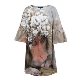 Детское платье 3D с принтом Обезьянка и зима в Екатеринбурге, 100% полиэстер | прямой силуэт, чуть расширенный к низу. Круглая горловина, на рукавах — воланы | бабуин | гамадрил | гиббон | горилла | гуманоид | дарвин | животное | зоопарк | кинг конг | мартышка | маугли | обезьяна | орангутанг | предок | примат | рожа | хомо сапиенс | шимпанзе