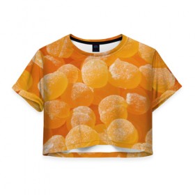 Женская футболка 3D укороченная с принтом Апельсиновый мармелад в Екатеринбурге, 100% полиэстер | круглая горловина, длина футболки до линии талии, рукава с отворотами | 