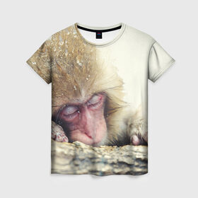 Женская футболка 3D с принтом Обезьянка спит в Екатеринбурге, 100% полиэфир ( синтетическое хлопкоподобное полотно) | прямой крой, круглый вырез горловины, длина до линии бедер | бабуин | животное | обезьяна | орангутанг | примат