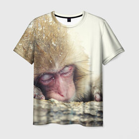 Мужская футболка 3D с принтом Обезьянка спит в Екатеринбурге, 100% полиэфир | прямой крой, круглый вырез горловины, длина до линии бедер | Тематика изображения на принте: бабуин | животное | обезьяна | орангутанг | примат