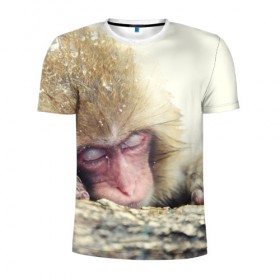 Мужская футболка 3D спортивная с принтом Обезьянка спит в Екатеринбурге, 100% полиэстер с улучшенными характеристиками | приталенный силуэт, круглая горловина, широкие плечи, сужается к линии бедра | Тематика изображения на принте: бабуин | животное | обезьяна | орангутанг | примат