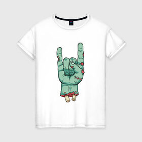 Женская футболка хлопок с принтом Зомби рок в Екатеринбурге, 100% хлопок | прямой крой, круглый вырез горловины, длина до линии бедер, слегка спущенное плечо | зомби | кисть | кости | рок | рука