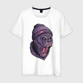 Мужская футболка хлопок с принтом Злая горилла в Екатеринбурге, 100% хлопок | прямой крой, круглый вырез горловины, длина до линии бедер, слегка спущенное плечо. | Тематика изображения на принте: арт | взгляд | гипноз | гнев | горилла | животные | зубы | кинг конг | клыки | обезьяна | пасть | шапка