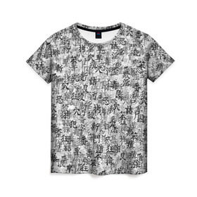 Женская футболка 3D с принтом Японские иероглифы в Екатеринбурге, 100% полиэфир ( синтетическое хлопкоподобное полотно) | прямой крой, круглый вырез горловины, длина до линии бедер | буквы | паттерн | символ | текст | текстура | черно белый | янония