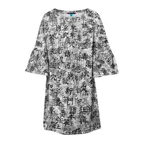 Детское платье 3D с принтом Японские иероглифы в Екатеринбурге, 100% полиэстер | прямой силуэт, чуть расширенный к низу. Круглая горловина, на рукавах — воланы | Тематика изображения на принте: буквы | паттерн | символ | текст | текстура | черно белый | янония