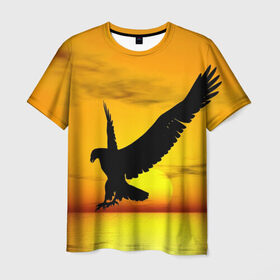 Мужская футболка 3D с принтом Орел на закате в Екатеринбурге, 100% полиэфир | прямой крой, круглый вырез горловины, длина до линии бедер | беркут | большой | горный | грифон | клюв | коготь | кондор | коршун | крылья | огромный | орел | орлан | перья | полет | птица | размах крыла | сокол | степной | хищник | ястреб