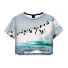 Женская футболка 3D укороченная с принтом Пингвины на айсберге в Екатеринбурге, 100% полиэстер | круглая горловина, длина футболки до линии талии, рукава с отворотами | Тематика изображения на принте: айсберг | антарктида | антарктика | арктика | буревестник | глупый | императорский | клюв | королевский | крылья | ласты | лёд | линукс | океан | пилигрим | полюс | птица | север | снег | умка | фрак