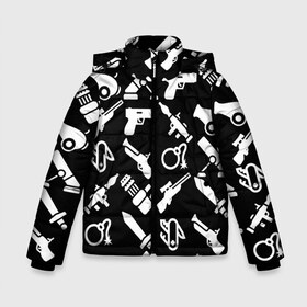 Зимняя куртка для мальчиков 3D с принтом Оружие черный микс в Екатеринбурге, ткань верха — 100% полиэстер; подклад — 100% полиэстер, утеплитель — 100% полиэстер | длина ниже бедра, удлиненная спинка, воротник стойка и отстегивающийся капюшон. Есть боковые карманы с листочкой на кнопках, утяжки по низу изделия и внутренний карман на молнии. 

Предусмотрены светоотражающий принт на спинке, радужный светоотражающий элемент на пуллере молнии и на резинке для утяжки | Тематика изображения на принте: граната | гранатомет | детские | детям | иконки | камуфляж | меч | микс | мина | много | мушкет | оружие | пистолет | пулемет | пушка | рпг | силуэт | символ | снайперская винтовка | швейцарский нож