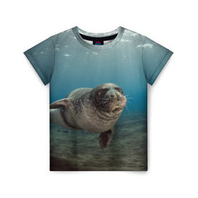 Детская футболка 3D с принтом Тюлень под водой в Екатеринбурге, 100% гипоаллергенный полиэфир | прямой крой, круглый вырез горловины, длина до линии бедер, чуть спущенное плечо, ткань немного тянется | Тематика изображения на принте: вода | дайвинг | жирный | косяк | красивые | милые | море | морская | морской котик | океан | плывет | подводный мир | прикольные | речная | рыба | рыбалка | стая | тюлень | усатый кот | фауна | чешуя