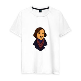 Мужская футболка хлопок с принтом Гоголь в Екатеринбурге, 100% хлопок | прямой крой, круглый вырез горловины, длина до линии бедер, слегка спущенное плечо. | гоголь | драматург | критик | мертвые души | писатель