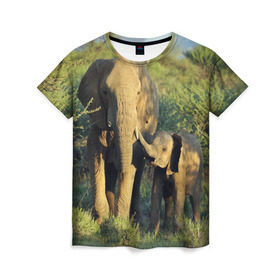 Женская футболка 3D с принтом Слониха и слоненок в природе в Екатеринбурге, 100% полиэфир ( синтетическое хлопкоподобное полотно) | прямой крой, круглый вырез горловины, длина до линии бедер | Тематика изображения на принте: африка | африканский | бивни | большой | гигант джунгли | зоопарк | индийский | индия | лесной великан | мамонт | огромный | саванна | сафари | серый | слон | слоненок | слониха | стадо | уши | хобот