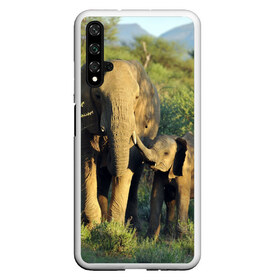 Чехол для Honor 20 с принтом Слониха и слоненок в природе в Екатеринбурге, Силикон | Область печати: задняя сторона чехла, без боковых панелей | африка | африканский | бивни | большой | гигант джунгли | зоопарк | индийский | индия | лесной великан | мамонт | огромный | саванна | сафари | серый | слон | слоненок | слониха | стадо | уши | хобот