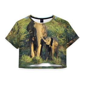 Женская футболка 3D укороченная с принтом Слониха и слоненок в природе в Екатеринбурге, 100% полиэстер | круглая горловина, длина футболки до линии талии, рукава с отворотами | африка | африканский | бивни | большой | гигант джунгли | зоопарк | индийский | индия | лесной великан | мамонт | огромный | саванна | сафари | серый | слон | слоненок | слониха | стадо | уши | хобот