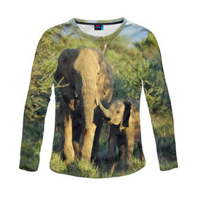 Женский лонгслив 3D с принтом Слониха и слоненок в природе в Екатеринбурге, 100% полиэстер | длинные рукава, круглый вырез горловины, полуприлегающий силуэт | Тематика изображения на принте: африка | африканский | бивни | большой | гигант джунгли | зоопарк | индийский | индия | лесной великан | мамонт | огромный | саванна | сафари | серый | слон | слоненок | слониха | стадо | уши | хобот