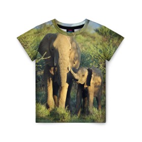 Детская футболка 3D с принтом Слониха и слоненок в природе в Екатеринбурге, 100% гипоаллергенный полиэфир | прямой крой, круглый вырез горловины, длина до линии бедер, чуть спущенное плечо, ткань немного тянется | Тематика изображения на принте: африка | африканский | бивни | большой | гигант джунгли | зоопарк | индийский | индия | лесной великан | мамонт | огромный | саванна | сафари | серый | слон | слоненок | слониха | стадо | уши | хобот