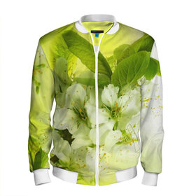 Мужской бомбер 3D с принтом Цветы яблони в Екатеринбурге, 100% полиэстер | застегивается на молнию, по бокам два кармана без застежек, по низу бомбера и на воротнике - эластичная резинка | Тематика изображения на принте: белый | весна | дерево | зеленый | природа | растения | цветы | яблоня