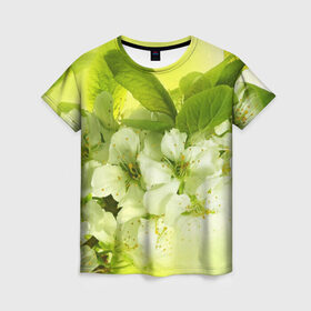 Женская футболка 3D с принтом Цветы яблони в Екатеринбурге, 100% полиэфир ( синтетическое хлопкоподобное полотно) | прямой крой, круглый вырез горловины, длина до линии бедер | белый | весна | дерево | зеленый | природа | растения | цветы | яблоня