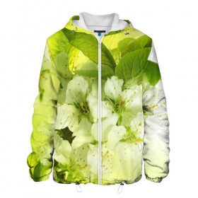 Мужская куртка 3D с принтом Цветы яблони в Екатеринбурге, ткань верха — 100% полиэстер, подклад — флис | прямой крой, подол и капюшон оформлены резинкой с фиксаторами, два кармана без застежек по бокам, один большой потайной карман на груди. Карман на груди застегивается на липучку | белый | весна | дерево | зеленый | природа | растения | цветы | яблоня